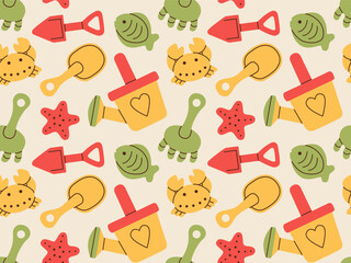 Seamless pattern of children toys and molds for building sand castle flat design. Game for children on beach.