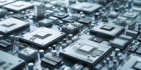 Manufacturing of microchips. Photo of top view of microchips, microcircuits, electronic devices. Contemporary technologies, sci-fi style, electronics, scientific fiction, future developments, flat lay - 785489663