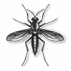 A black and white illustration of a small flying insect with a long proboscis and large wings.