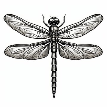 recommend clip art: A black and white line drawing of a dragonfly with its wings spread.