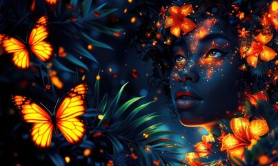 Beauty black skin woman face with glossy make up leaves and golden butterflies on a dark background