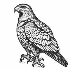 A detailed line drawing of a falcon, side view.