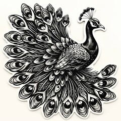 Fototapeta premium A black and white illustration of a peacock with its feathers spread out in a fan shape.