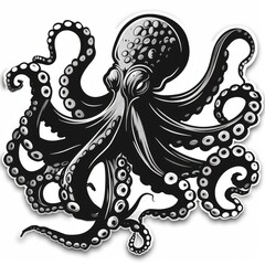 A black and white illustration of an octopus.