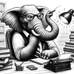 3d elephant working in the office with books, pencil draw
