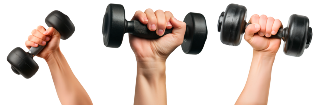 Set of hands holding a dumbbells isolated on a white or transparent background. Close-up of a dumbbells in hands, side view. Graphic design element on the theme of sports. - Powered by Adobe