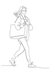 Woman with shopping bag walking on street. Continuous line drawing. Black and white vector illustration in line art style.