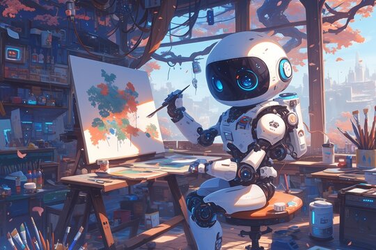 A robot with large black eyes and short arms, holding a paintbrush in one hand while painting on canvas, surrounded by art supplies such as brushes, paints, 