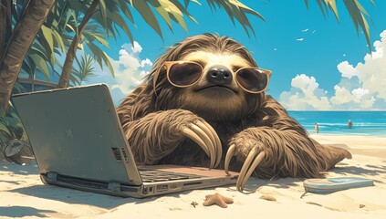 Fototapeta premium A sloth wearing sunglasses lounging on the beach with his laptop