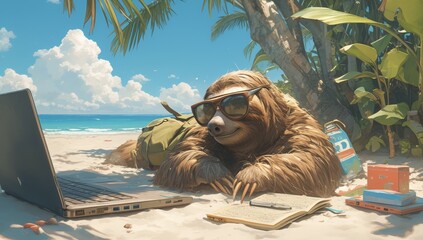 Obraz premium A sloth wearing sunglasses lounging on the beach with a laptop