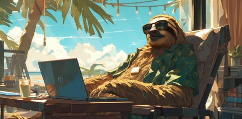 Fototapeta premium A sloth wearing sunglasses lounging on the beach with his laptop, in a tropical background