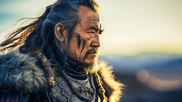 An old Mongol warrior in the Mongolian steppe