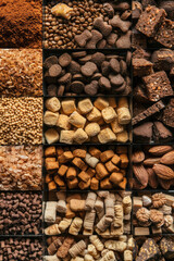 Top view Assortment of dry pet food in different shapes and textures. Daily diet for cats and dogs, background for pet products store.
