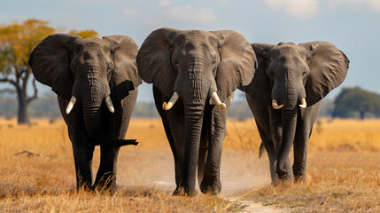 Three african elephants walking in a line towards the