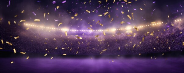 Violet background, football stadium lights with gold confetti decoration, copy space for advertising banner or poster design - obrazy, fototapety, plakaty