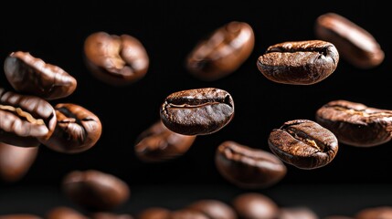 Fototapeta premium Roasted coffee beans in motion, levitating on black background for a captivating visual display