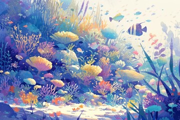 A vibrant coral reef scene with colorful corals