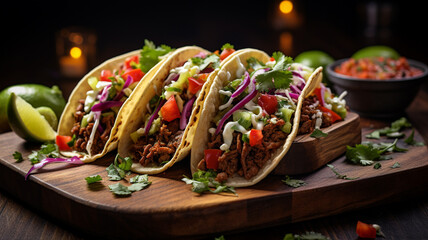 Mexican tacos with beef, vegetables and cilantro on wooden board generativa IA