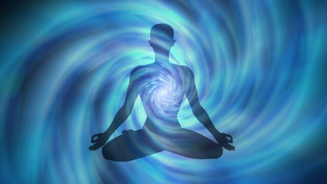 Human figure in lotus yoga pose with blue spiral lines in background. Animation video, 4k