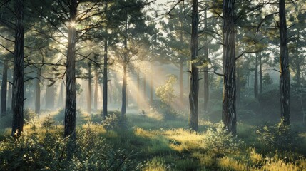 A forest with morning sunlight shining through the trees (Ray of Light)
