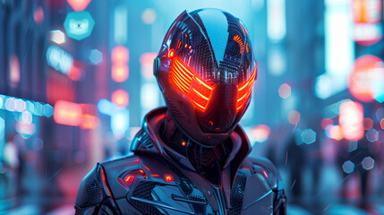 A mysterious masked vigilante, clad in a high-tech suit with glowing accents, patrolling the streets of a futuristic city to thwart cybernetic criminals - obrazy, fototapety, plakaty