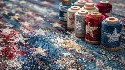 Crafting Americana: Thread spools with patriotic colors on a star-spangled fabric.. - obrazy, fototapety, plakaty
