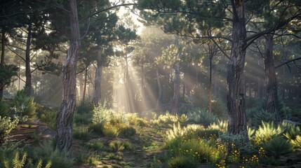 A forest with morning sunlight shining through the trees (Ray of Light)