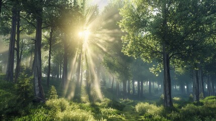 A forest with morning sunlight shining through the trees (Ray of Light)