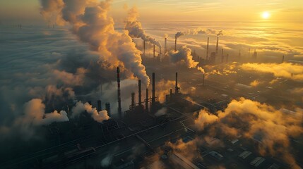 Industrial Dawn: Smoke and Silhouettes Against a Hazy Sky. Concept Architecture, Urban Environment, Industrial, Sunrise, Silhouettes - obrazy, fototapety, plakaty
