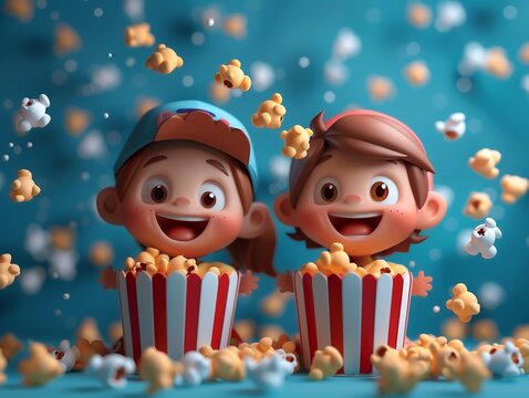 3D cartoon friends having a movie night, popcorn flying, dark blue background