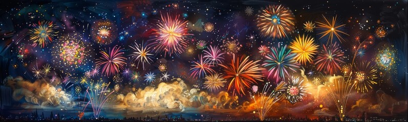 A breathtaking panorama of vibrant fireworks display over the city skyline, painted in rich hues.. - obrazy, fototapety, plakaty