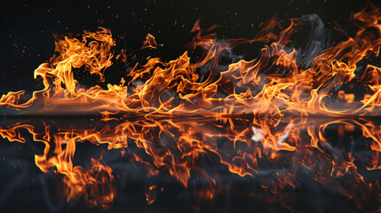 Fototapeta na wymiar Tongues of fire in a panoramic view over a black background