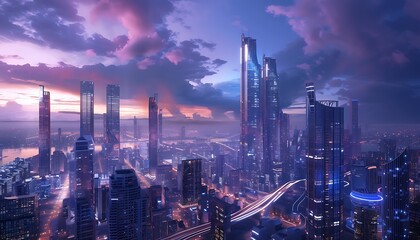 dynamic 3D rendition of a futuristic cityscape, showcasing cutting-edge architecture and vibrant city lights, epitomizing technological advancement