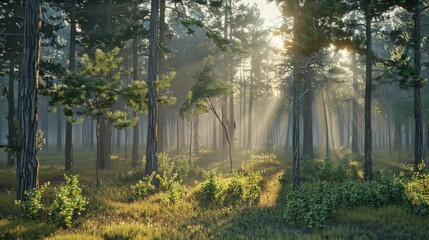Obraz premium A forest with morning sunlight shining through the trees (Ray of Light)