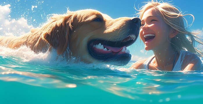 A happy woman and her dog swimming in the ocean, taking an epic selfie photo with their heads above water.