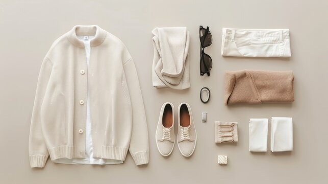 A monochrome outfit laid out against a neutral background, the simplicity of the color palette and arrangement underscoring the minimalist aesthetic.