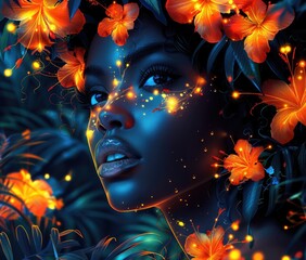 Beauty black skin woman face with glossy make up portrait with tropical leaves and flowers on a dark background