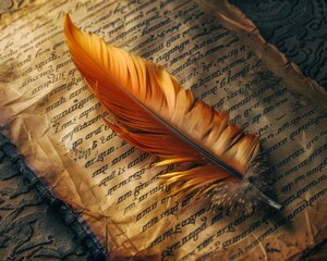 Orange quill on ancient handwritten manuscript, symbolizing traditional writing and historical study