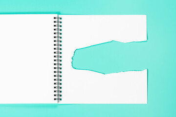 Open notebook with torn page. An empty layout template for spiral notebook with green background.