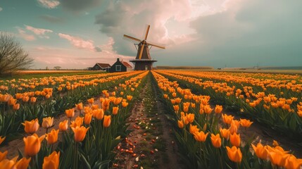 Majestic windmill overlooks the radiant orange and yellow tulip fields in Dutch countryside signaling the bursting spring bloom