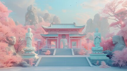 illustration of a Buddhist temple place of worship with soft pastel color
