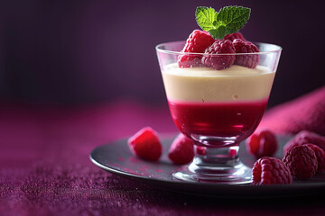Elegant panna cotta sweet dessert fresh raspberries vibrant purple background, copy space