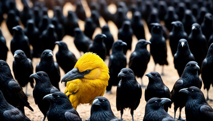 A yellow crow alone among a crowd of black crows, concept of standing out from the crowd as a leader, of being different and unique with its own identity and special skills created with generative ai	