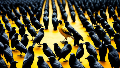 A yellow crow alone among a crowd of black crows, concept of standing out from the crowd as a leader, of being different and unique with its own identity and special skills created with generative ai	
