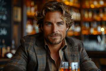 Handsome man suit whiskey bar. Stylish mature adult relaxing, confident look. Luxury, lifestyle