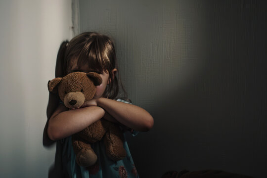 Little girl is hiding behind a teddy bear in the corner of the room.. Child abuse concept. Children Protection Day.