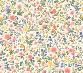 Fototapeta na wymiar A pattern of small flowers in pink, green and orange on a white background. The design features a variety of tiny blooms with hints of red, peach and yellow 