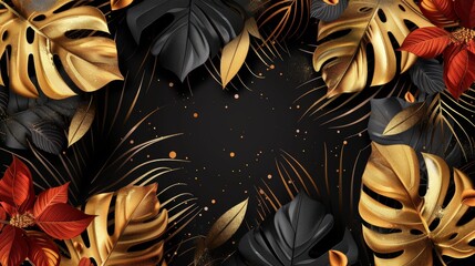 The design features golden tropic jungle palm leaves, exotic red flowers on a dark background. This is suitable for an invitation card for the wedding ceremony or a Christmas greeting card.