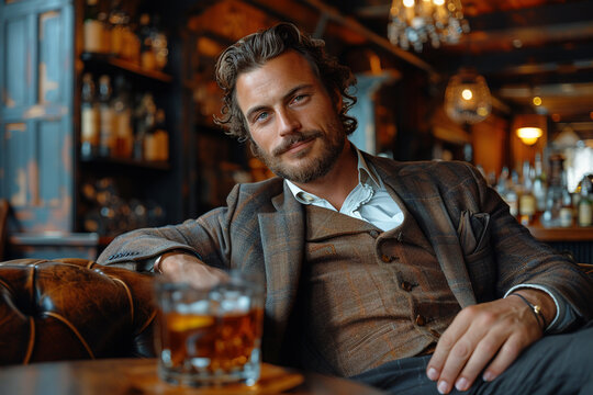 Stylish man relaxing upscale bar whiskey glass. Elegant businessman leisure time after work