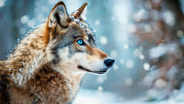 A portrait of a brown and grey wolf with bright blue eyes